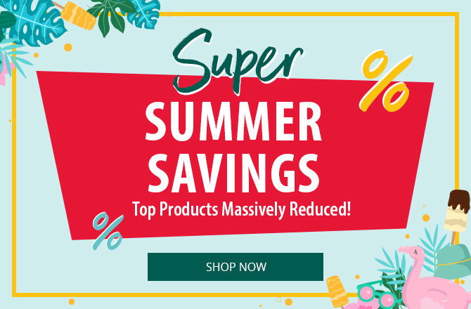 Red sign with white text: Super Summer Deals. Percent signs at top right and bottom left