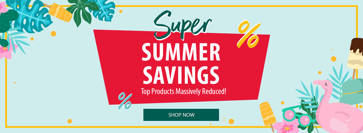 Colorful graphic with the text Summer Deals, surrounded by summer symbols like sunglasses, ice cream, shells, and a camera