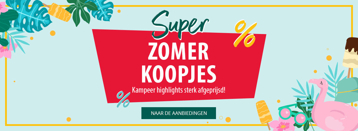 Kleurrijke afbeelding met de tekst Zomeraanbiedingen, omgeven door zomersymbolen zoals een zonnebril, ijsje, schelpen en een camera