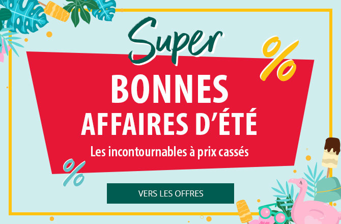 Panneau rouge avec texte blanc : Super offres d'été. Symboles pourcentage en haut à droite et en bas à gauche