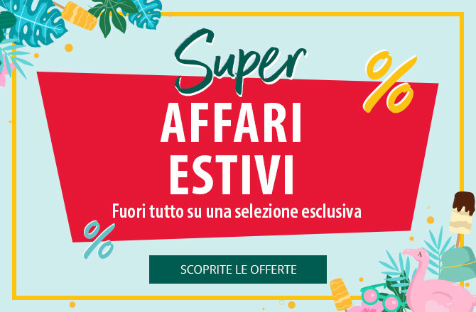 Cartello rosso con testo bianco: Super offerte estive. Simboli percentuale in alto a destra e in basso a sinistra