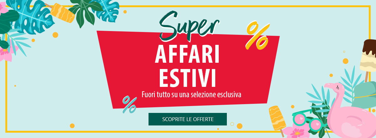 Grafica colorata con il testo Offerte estive, circondata da simboli estivi come occhiali da sole, gelato, conchiglie e macchina fotografica