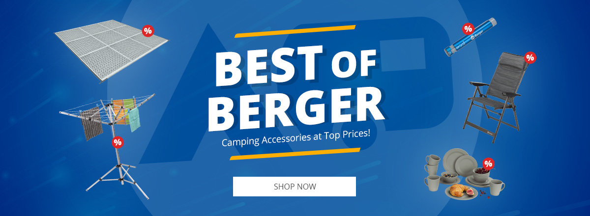 Banner with the text Bergers Bestes and an envelope in the top left corner, blue background