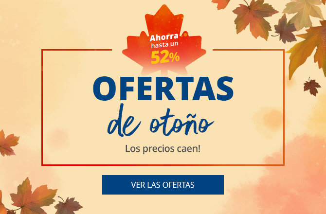 Banner central con el texto 'Herbst-ANGEBOTE', texto pequeño 'Die Preise fallen!', insignia arriba 'bis zu -52% SPAREN', botón azul 'ZU DEN ANGEBOTEN', hojas de otoño en los bordes