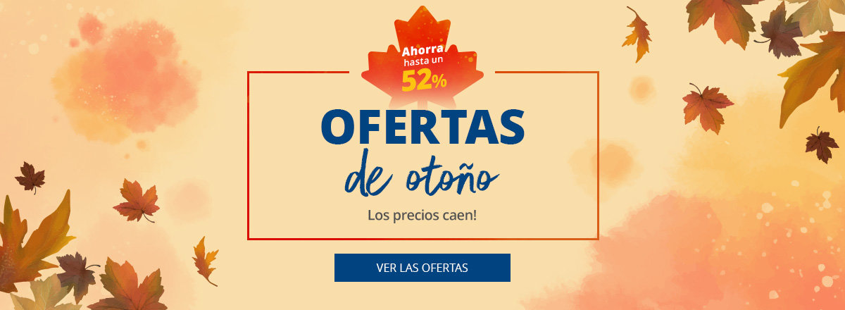 Área rectangular beige centrada con marco naranja; en el centro el texto "Herbst ANGEBOTE" y debajo "Die Preise fallen!"; arriba un pequeño emblema de hoja naranja con "52% SPAREN"; hojas de otoño decorativas y manchas de acuarela naranja; abajo un botón azul con la inscripción "ZU DEN ANGEBOTEN"