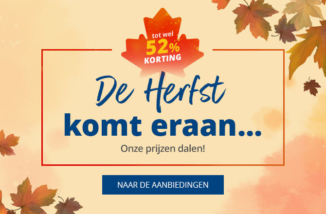Centraal banner met tekst 'Herbst-ANGEBOTE', kleine tekst 'Die Preise fallen!', embleem bovenaan 'bis zu -52% SPAREN', blauwe knop 'ZU DEN ANGEBOTEN', herfstbladeren aan de randen