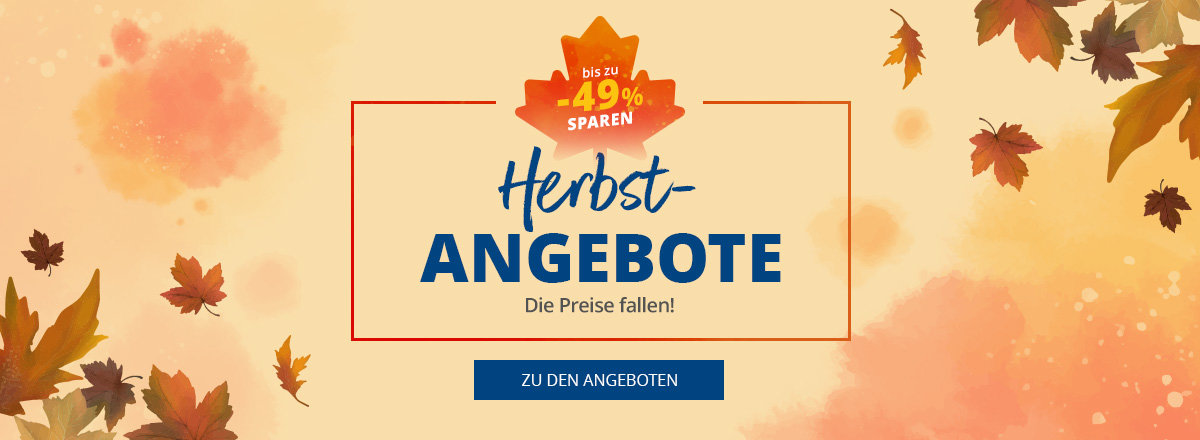 Beige, zentrierte rechteckige Fläche mit orangefarbenem Rahmen; mittig der Text "Herbst ANGEBOTE" und darunter "Die Preise fallen!"; oben ein kleines orangefarbenes Blatt-Emblem mit "52% SPAREN"; dekorative herbstliche Blätter und orange Wasserfarbfl
