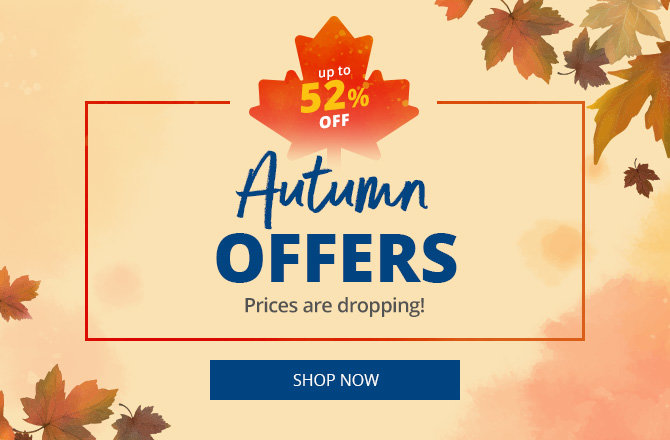 Central banner with text 'Herbst-ANGEBOTE', small text 'Die Preise fallen!', badge above 'bis zu -52% SPAREN', blue button 'ZU DEN ANGEBOTEN', autumn leaves at the edges