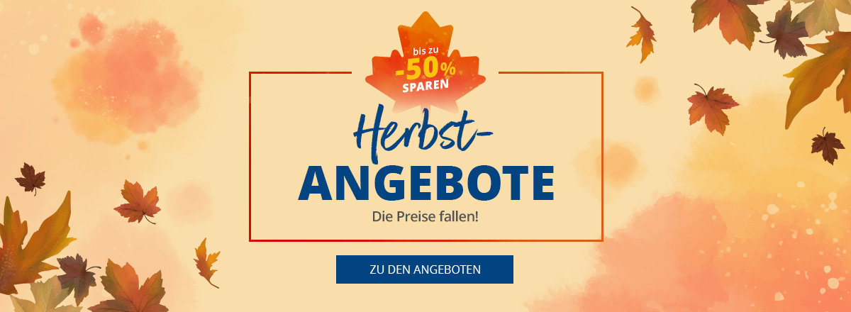 Beige, zentrierte rechteckige Fläche mit orangefarbenem Rahmen; mittig der Text "Herbst ANGEBOTE" und darunter "Die Preise fallen!"; oben ein kleines orangefarbenes Blatt-Emblem mit "52% SPAREN"; dekorative herbstliche Blätter und orange Wasserfarbfl