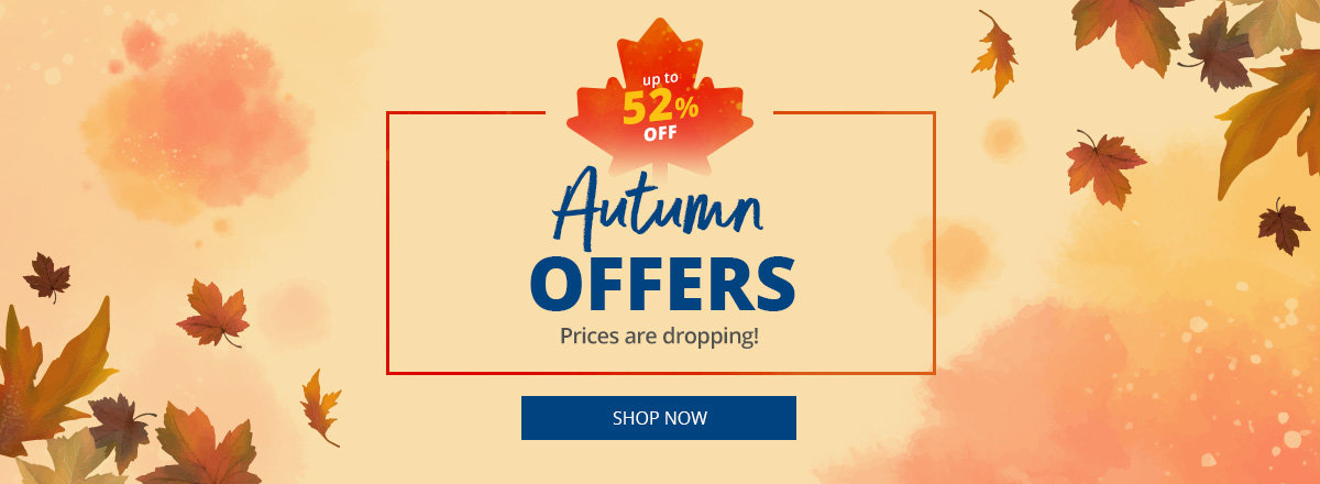 Beige centered rectangular area with an orange frame; centered text "Herbst ANGEBOTE" and below "Die Preise fallen!"; above a small orange leaf emblem with "52% SPAREN"; decorative autumn leaves and orange watercolor spots; at the bottom a blue button labeled "ZU DEN ANGEBOTEN"