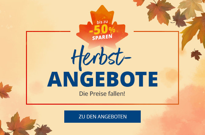 Zentrales Banner mit Text 'Herbst-ANGEBOTE', kleiner Text 'Die Preise fallen!', Abzeichen oben 'bis zu -52% SPAREN', blauer Button 'ZU DEN ANGEBOTEN', herbstliche Blätter am Rand