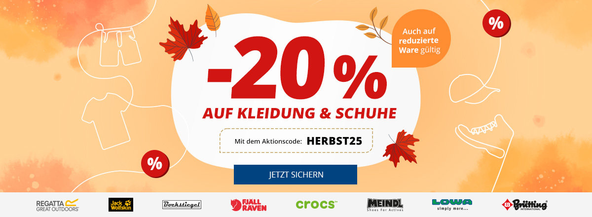 Orangenes Banner mit weißem Kreis; großer roter Text '-20% AUF KLEIDUNG & SCHUHE', kleiner orangefarbener Hinweis 'Auch auf reduzierte Ware', Aktionscode 'HERBST25' und blauer Button 'JETZT SICHERN'. Herbstblätter, Linienzeichnungen von Kleidung und 