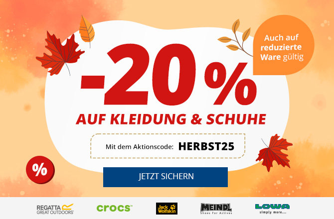 Weißes abgerundetes Feld vor orangefarbenem Hintergrund mit roten Blättern, große rote Schrift "-20% AUF KLEIDUNG & SCHUHE", oranger Kreis mit Text "Auch auf reduzierte Ware gültig", kleines rotes Prozentzeichen, Aktionscode "HERBST25" in Rahmen, bla