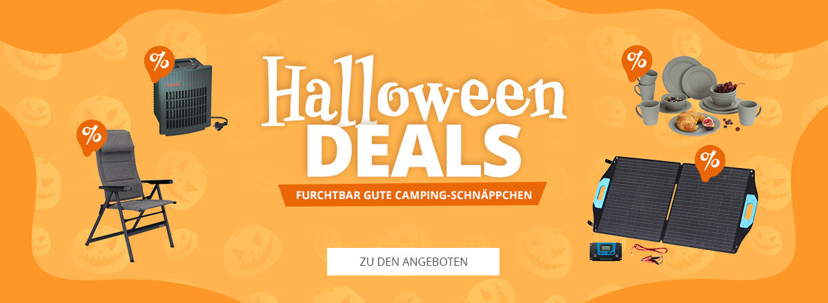 Oranger Banner mit großem Text "Halloween DEALS", Geister-Symbole im Hintergrund, klappbarer Campingstuhl links, Campingkocher mit Gaskartusche, Geschirr-/Pfannenset rechts, schwarze Kühl-/Transportbox, Prozentzeichen an einigen Artikeln und weißer B