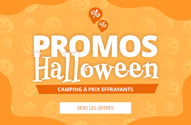 Fond orange avec grand texte blanc 'Halloween DEALS', deux signes pour cent au-dessus, motif de visages de citrouille, bandeau orange 'Furchtbar gute Camping-Schnäppchen' et bouton blanc 'Zu den Angeboten'