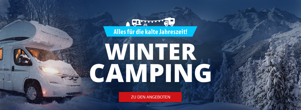 Desktop Slider Banner Winter-Camping Angebote mit winterlicher Hintergrund mit Van