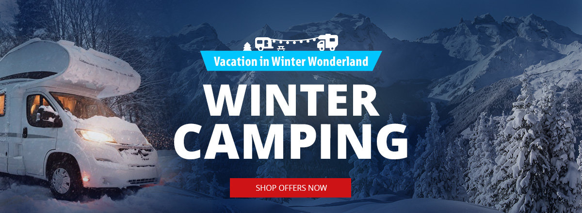 Desktop slider banner winter camping offers with winter background with van