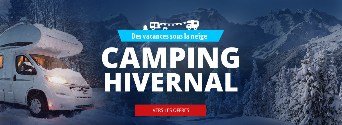Desktop Slider Banner Offres de camping d'hiver avec fond hivernal avec van