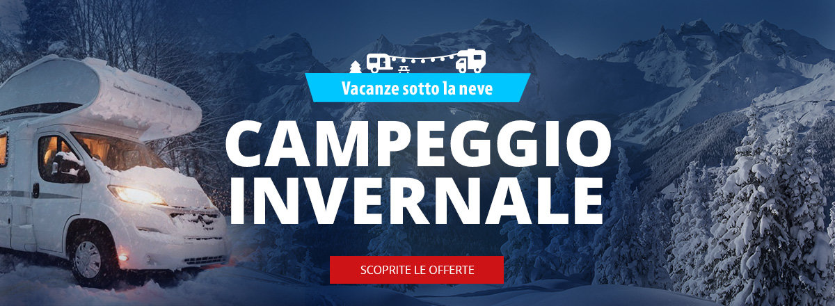 Desktop slider banner offerte campeggio invernale con sfondo invernale con furgone