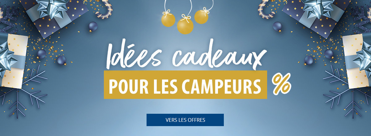 Desktop Slider avec indication des idées de cadeaux pour les campeurs et des offres exceptionnelles