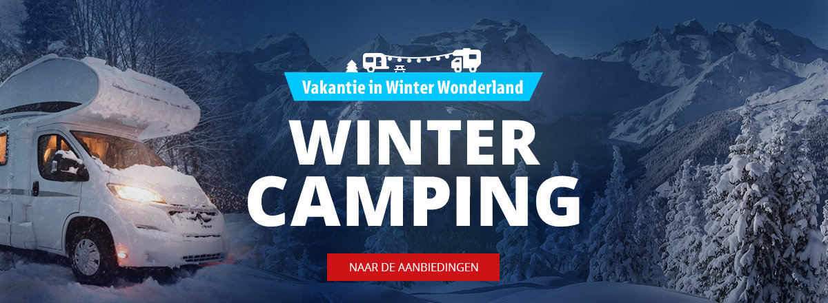 Desktop slider banner winter camping aanbiedingen met winter achtergrond met bestelwagen