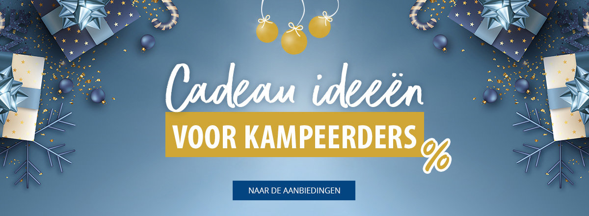 Desktop slider met verwijzing naar cadeau-ideeën voor kampeerders en geweldige aanbiedingen