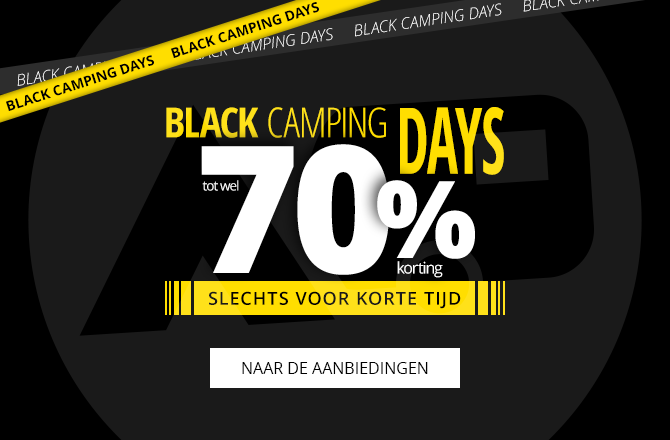 Zwarte achtergrond met grote tekst "BLACK CAMPING DAYS", daaronder "bis zu -70%" in witte en gele letters, gele balk "NUR FÜR KURZE ZEIT" en witte knop "ZU DEN ANGEBOTEN". Gele en zwarte diagonale banden bovenaan met "BLACK CAMPING DAYS" en "SALE"