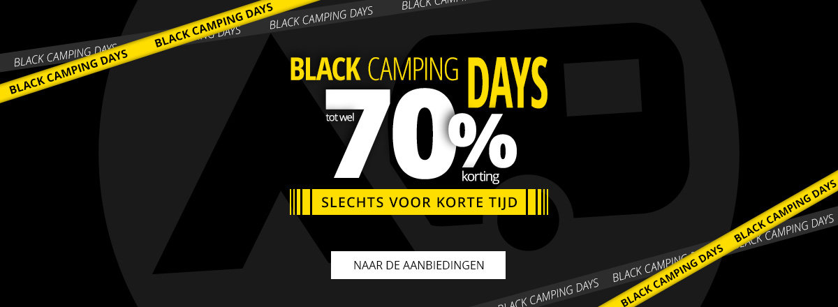 Zwarte achtergrond, grote tekst 'BLACK CAMPING DAYS', 'bis zu 70%' in grote witte en gele letters, kleine gele balk 'NUR FÜR KURZE ZEIT', gele diagonale banden met 'BLACK CAMPING DAYS' en witte knop 'ZU DEN ANGEBOTEN'