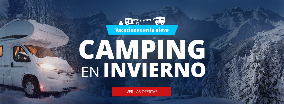 Escritorio banner deslizante ofertas de camping de invierno con fondo de invierno con furgoneta
