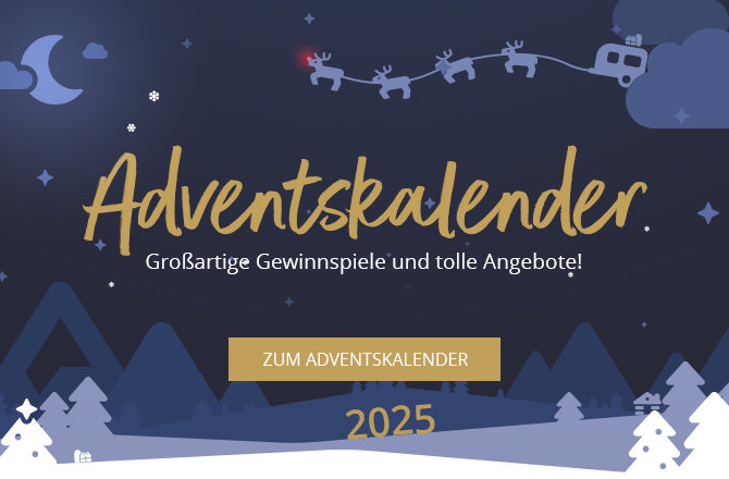 Grafik mit Schriftzug 'Adventskalender', Untertitel 'Großartige Gewinnspiele und tolle Angebote!', Button 'ZUM ADVENTSKALENDER', Jahreszahl '2025', Nachthimmel mit Mond, Sternen und Schlitten mit Rentieren über verschneiter Landschaft