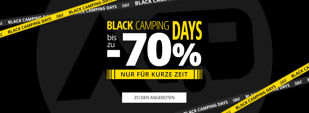 Schwarzer Hintergrund, großer Schriftzug 'BLACK CAMPING DAYS', 'bis zu 70%' in großer weißer und gelber Schrift, kleiner gelber Balken 'NUR FÜR KURZE ZEIT', gelbe diagonale Bänder mit 'BLACK CAMPING DAYS' und weißer Button 'ZU DEN ANGEBOTEN'