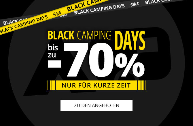 Schwarzer Hintergrund mit großem Text "BLACK CAMPING DAYS", darunter "bis zu -70%" in weißen und gelben Lettern, gelber Balken "NUR FÜR KURZE ZEIT" und weißer Button "ZU DEN ANGEBOTEN". Gelbe und schwarze diagonale Bänder oben mit den Worten "BLACK C