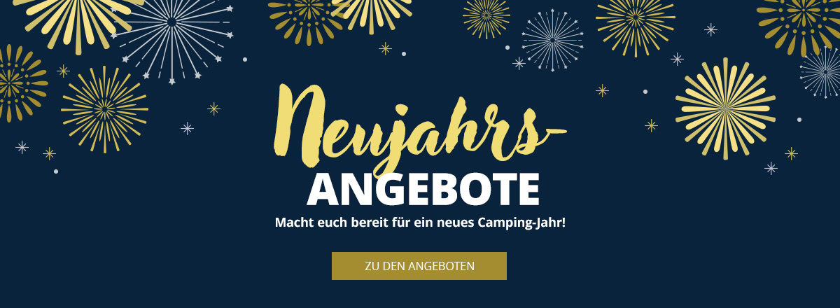 Dunkelblauer Hintergrund mit goldenen und hellblauen Feuerwerks-Illustrationen oben; zentrierter Schriftzug 'Neujahrs' in goldener Handschrift und darunter 'ANGEBOTE' in weißen Großbuchstaben; kleiner weißer Untertitel 'Macht euch bereit für ein neue