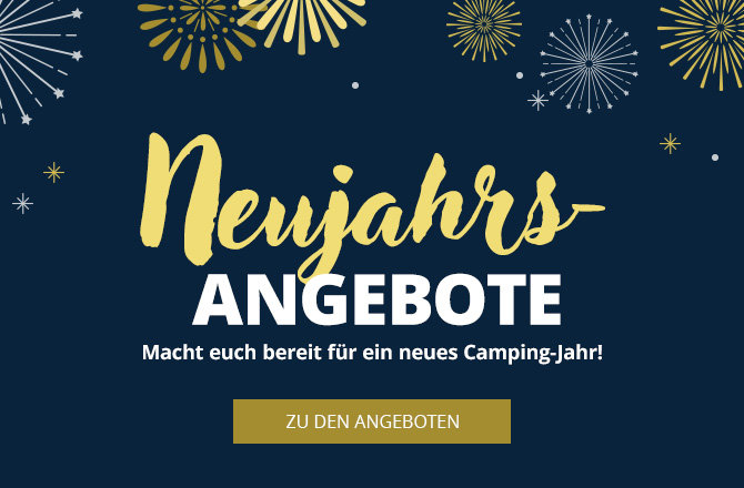 Dunkelblauer Hintergrund mit goldenen Feuerwerksgrafiken; großer goldener Schriftzug 'Neujahrs', weißer fetter Text 'ANGEBOTE', kleinere weiße Unterzeile 'Macht euch bereit für ein neues Camping-Jahr!' und goldener Button 'ZU DEN ANGEBOTEN'