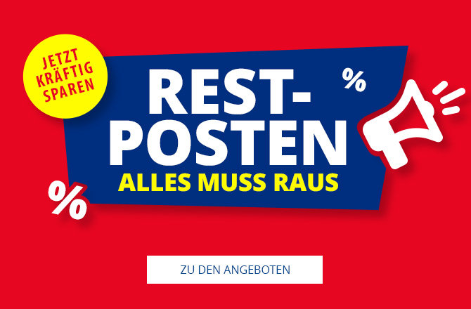 Blaues Banner mit weißer Aufschrift 'REST-POSTEN' und gelber Aufschrift 'ALLES MUSS RAUS' auf rotem Hintergrund, gelber Kreis 'JETZT KRÄFTIG SPAREN', Megafon-Symbol, Prozentzeichen und weißer Button 'ZU DEN ANGEBOTEN'