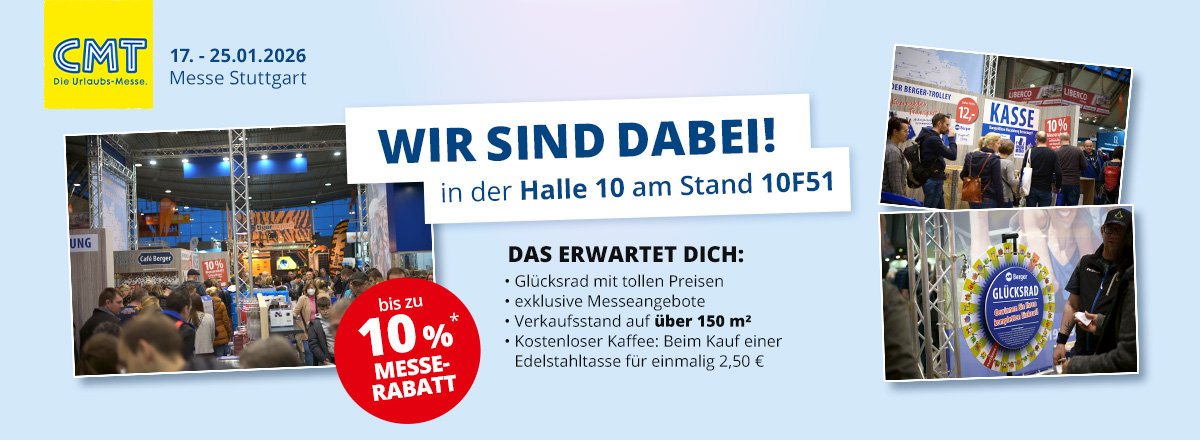 Blaues Banner mit CMT-Logo und Datum '17. - 25.01.2026 Messe Stuttgart', großer Schriftzug 'WIR SIND DABEI! in der Halle 10 am Stand 10F51', Textblock 'DAS ERWARTET DICH:' mit Aufzählungen, roter Kreis '10% MESSE-RABATT', Fotos von Messebesuchern und