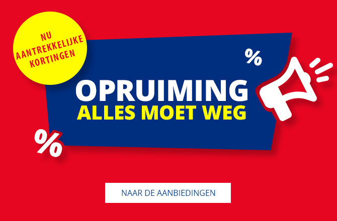 Blauwe banner met witte tekst 'REST-POSTEN' en gele tekst 'ALLES MUSS RAUS' op een rode achtergrond, geel rondje 'JETZT KRÄFTIG SPAREN', megafoon-pictogram, procenttekens en witte knop 'ZU DEN ANGEBOTEN'