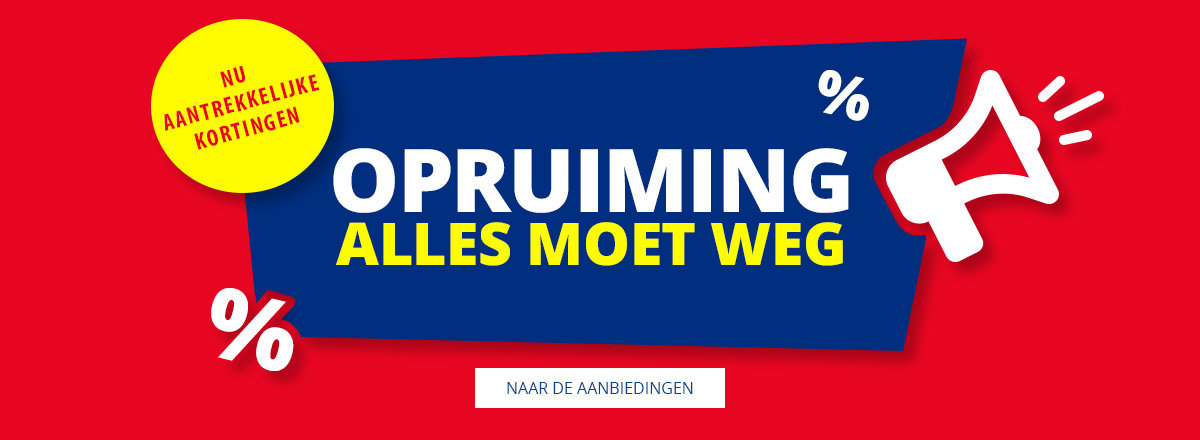 Rode banner met blauw bord 'REST-POSTEN', gele cirkel 'JETZT KRÄFTIG SPAREN', wit megafoonpictogram, procenttekens en kleine witte knop 'ZU DEN ANGEBOTEN'