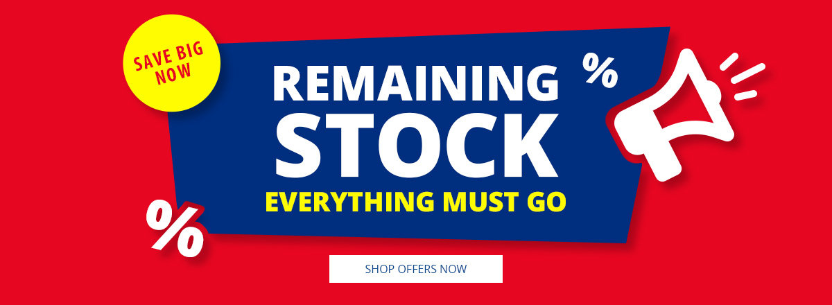 Red banner with blue sign reading 'REST-POSTEN', yellow circle 'JETZT KRÄFTIG SPAREN', white megaphone icon, percent symbols, and small white button 'ZU DEN ANGEBOTEN'