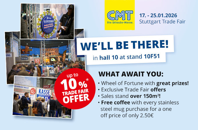 Blue promotional banner with CMT logo and dates '17. - 25.01.2026 Messe Stuttgart', photo collage of a trade fair stand with a 'KASSE' sign, large blue text 'WIR SIND DABEI! in der Halle 10 am Stand 10F51', red circle 'bis zu 10% MESSE-RABATT' and a white text box listing items under 'DAS ERWARTET DICH:'