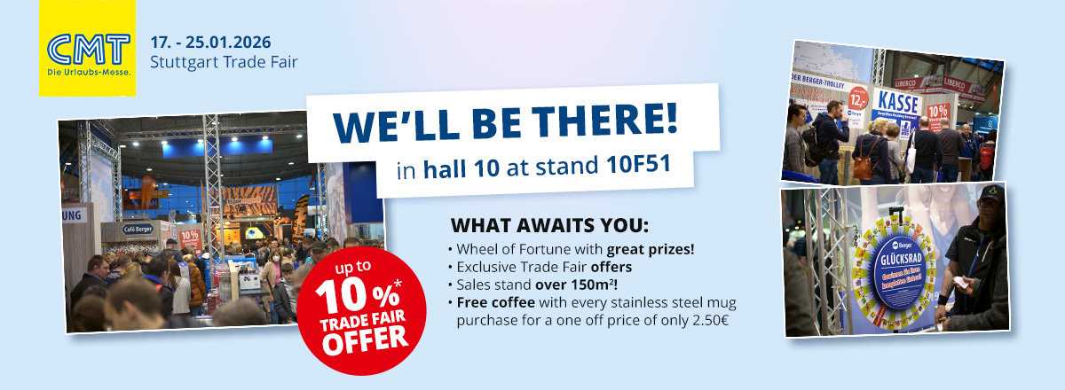 Blue banner with CMT logo and date '17. - 25.01.2026 Messe Stuttgart', large headline 'WIR SIND DABEI! in der Halle 10 am Stand 10F51', text block 'DAS ERWARTET DICH:' with bullet lines, red circle '10% MESSE-RABATT', photos of exhibition visitors and a ticket desk