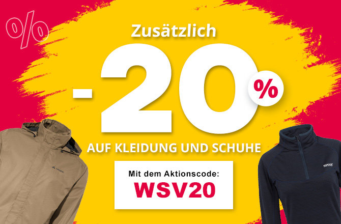 Weißes abgerundetes Feld vor orangefarbenem Hintergrund mit roten Blättern, große rote Schrift "-20% AUF KLEIDUNG & SCHUHE", oranger Kreis mit Text "Auch auf reduzierte Ware gültig", kleines rotes Prozentzeichen, Aktionscode "HERBST25" in Rahmen, bla