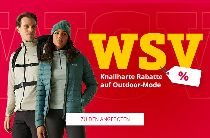Mobile Slider Banner für WSV Produkte. Knallharte Rabatte auf Outdoor-Mode. Frau und Mann abgebildet.