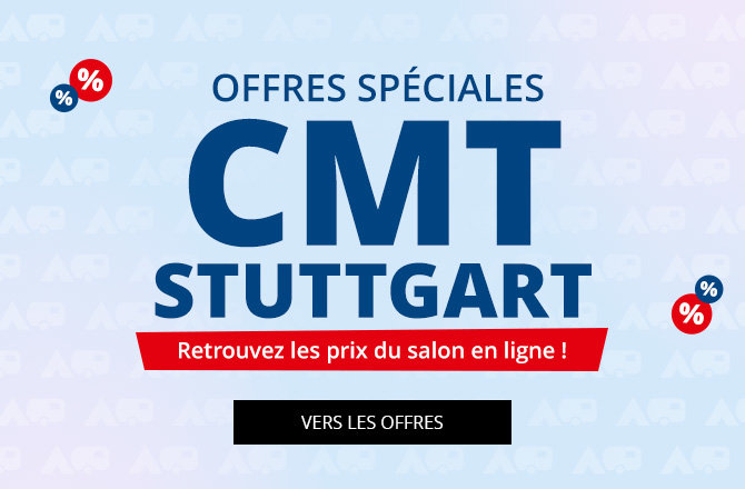 Visuel bleu avec grand texte 'ONLINE MESSE ANGEBOTE', bande rouge en dessous avec le texte 'Starke Messe-Preise jetzt auch online!', rectangle noir avec le texte 'ZU DEN ANGEBOTEN', fond bleu clair avec un motif répétitif et de petits cercles avec des signes pourcent