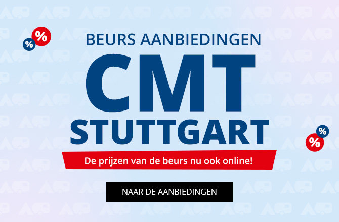 Blauwe promotiebanner met CMT-logo en data '17. - 25.01.2026 Messe Stuttgart', fotocollage van een beursstand met bord 'KASSE', grote blauwe tekst 'WIR SIND DABEI! in der Halle 10 am Stand 10F51', rode cirkel 'bis zu 10% MESSE-RABATT' en een wit tekstvak met opsomming onder 'DAS ERWARTET DICH:'