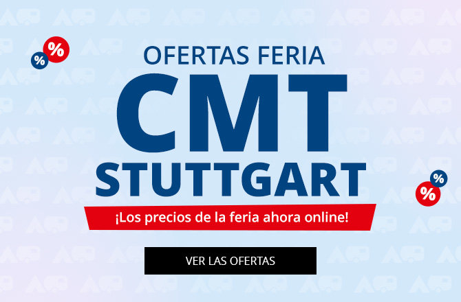 Diseño azul con texto grande 'ONLINE MESSE ANGEBOTE', franja roja debajo con el texto 'Starke Messe-Preise jetzt auch online!', rectángulo negro con el texto 'ZU DEN ANGEBOTEN', fondo azul claro con un patrón repetido y pequeños círculos con signos de porcentaje