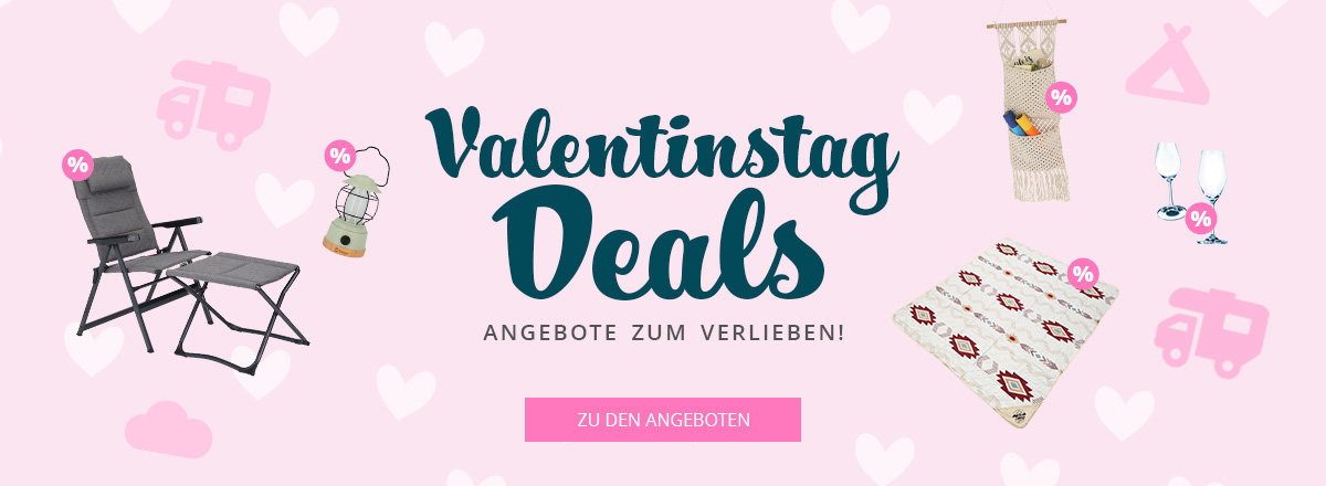 Rosa Hintergrund mit Herzmotiven, mittig großer Schriftzug 'Valentinstag Deals', darunter 'Angebote zum Verlieben' und ein rosa Button 'Zu den Angeboten', umgeben von Produktbildern: Liegestuhl, Kuscheldecke mit Herzmuster, Kerzen, kleine Figuren und