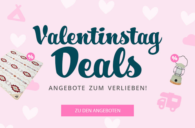 Rosa Hintergrund mit weißen Herzen, großer Schriftzug 'Valentinstag Deals', kleiner Text 'Angebote zum Verlieben!', rosa Button 'Zu den Angeboten', links Teppich mit Prozentmarkierung, rechts oben Mixer mit Prozentmarkierung, rechts unten Wohnwagen-I