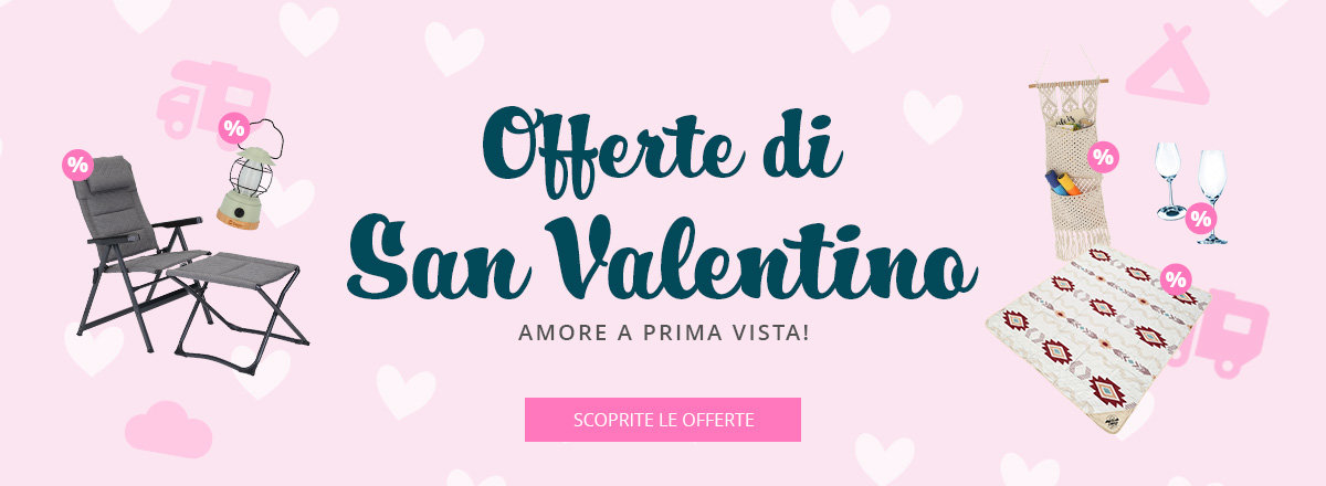Sfondo rosa con motivi a cuori, al centro grande testo 'Valentinstag Deals', sotto 'Angebote zum Verlieben' e un pulsante rosa 'Zu den Angeboten', circondato da immagini di prodotti: sedia reclinabile, coperta con motivo a cuori, candele, piccole figurine e icone di caravan