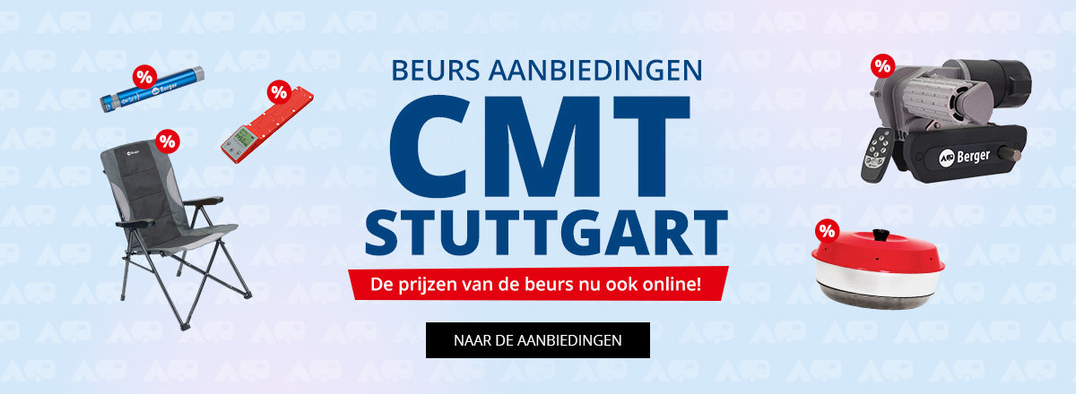 Advertentiebanner met blauwe achtergrond: grote tekst 'ONLINE MESSE ANGEBOTE', links een zwarte inklapbare stoel, linksboven twee kleine rode en groene voorwerpen met rode procenttekens, rechtsboven zwarte verrekijker met een rood procentteken, rechtsonder een rond wit-rood apparaat; onder de hoofdtekst een rood vlak met witte tekst 'Starke Messe-Preise jetzt auch online!' en een zwarte knop 'ZU DEN ANGEBOTEN'